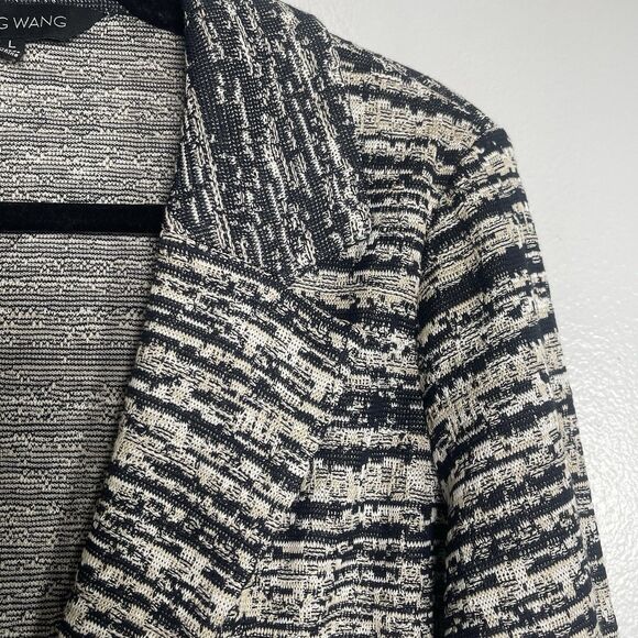 MING WANG Jacket Cardigan Size Large Navy Blue Cream Knit Clasp Closure Work - Picture 2 of 7